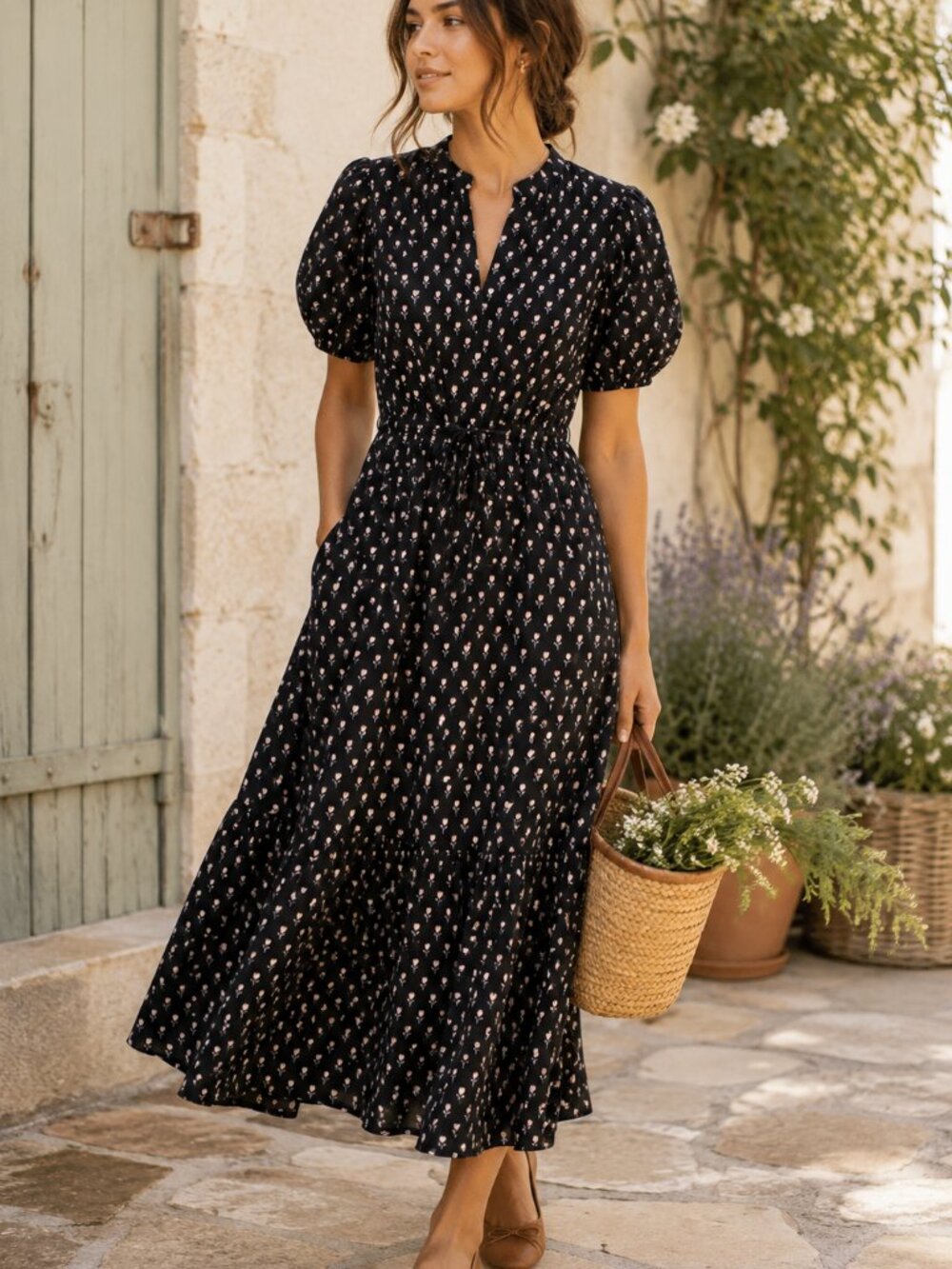 Aureum Tulip Floral Cotton Puff Sleeve Midi Dress Black Pockets S